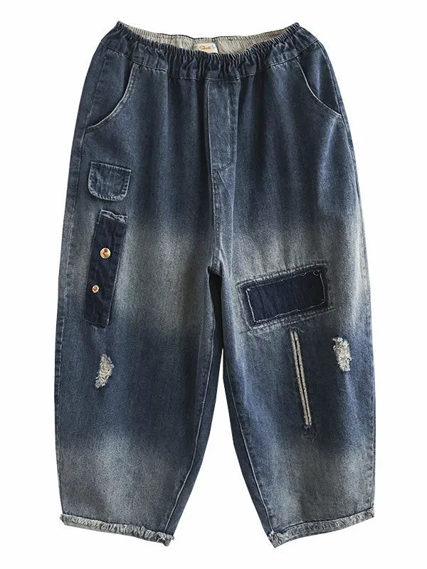 Hollow Elasticity Applique Denim Ninth Pants