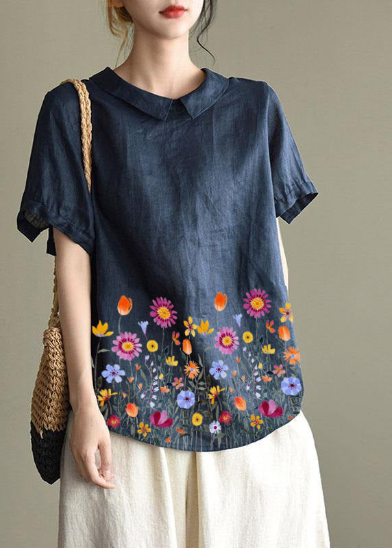 Simple Blue Bird Peter Pan Collar Patchwork Summer Linen Blouses