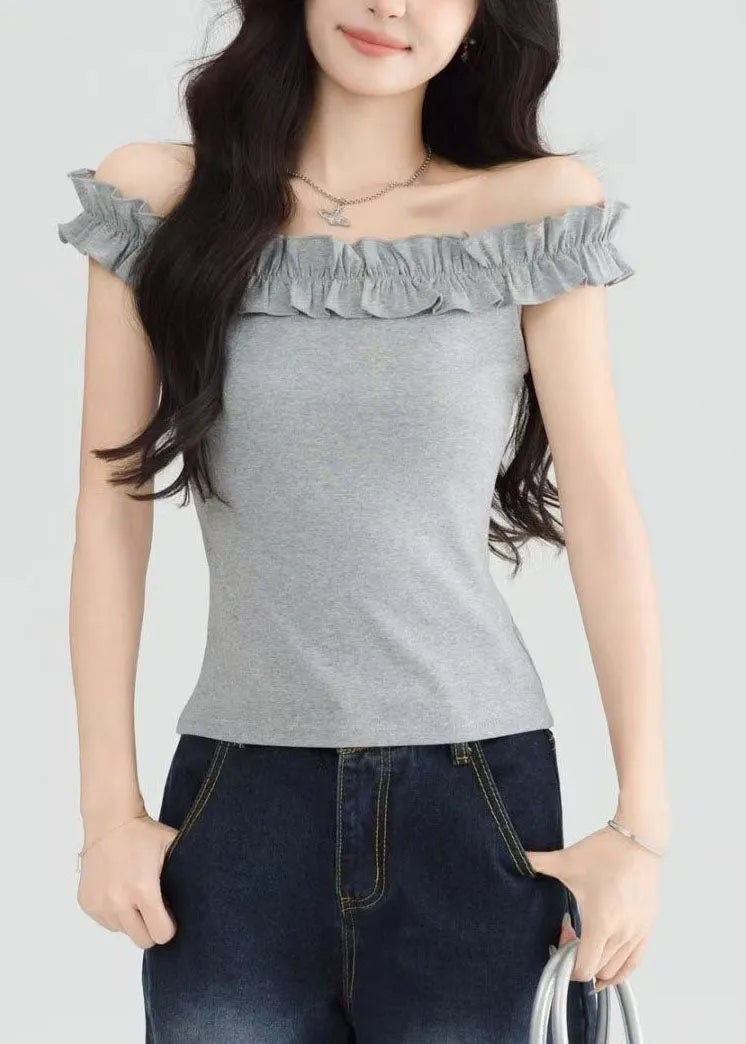 Style Grey Slash Neck Ruffled Short Sleeve Yoga Tops