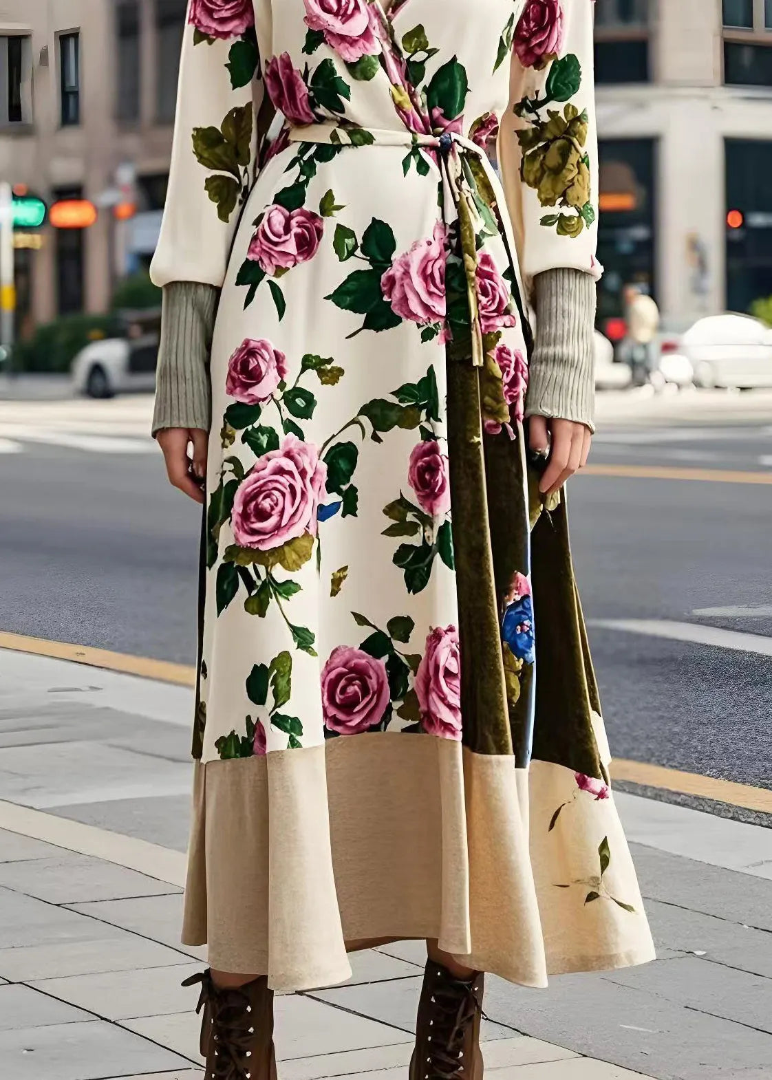 Apricot Tie Waist Silk Velvet Long Dresses Spring