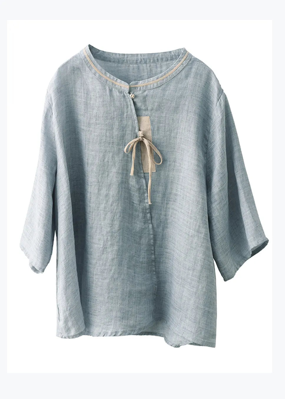 Chinese Style Blue Stand Collar Button Linen Shirt Top Summer
