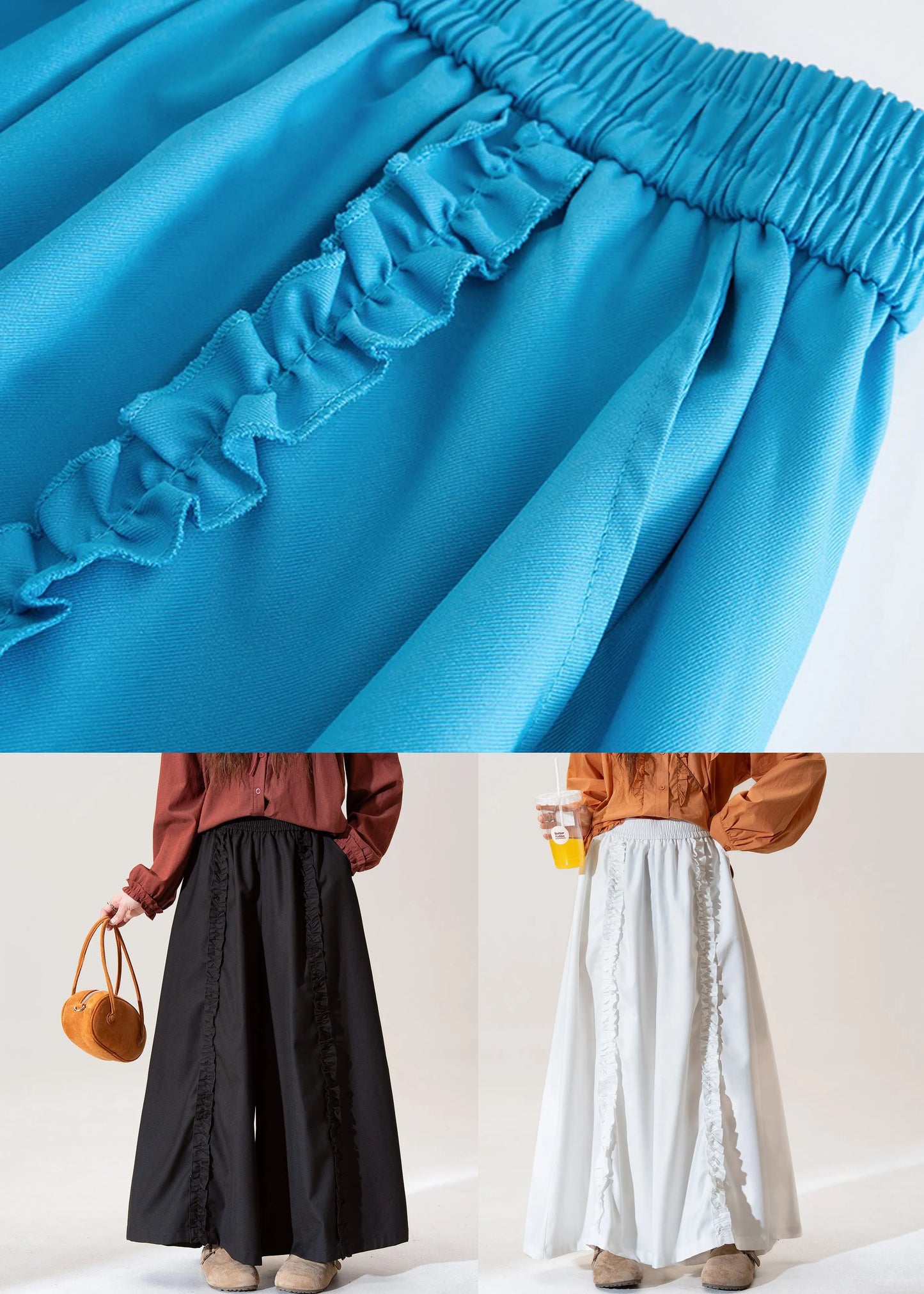 Blue Ruffled Elastic Waist Cotton Pants Fall