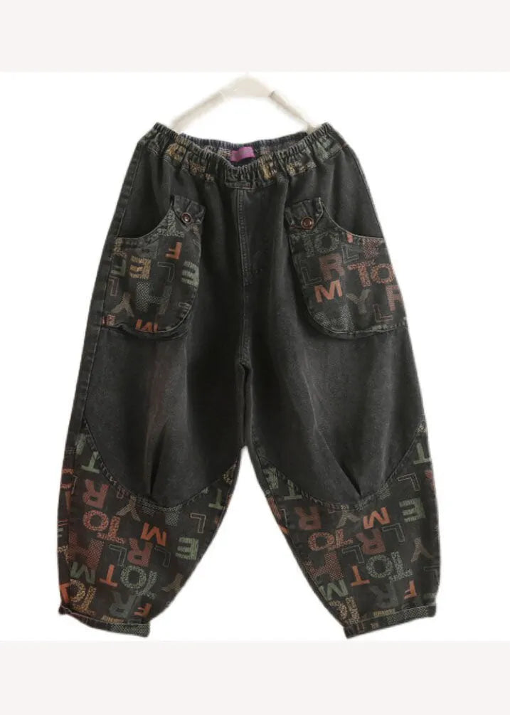 Black Pockets Graphic Print Denim Harem Pants Spring