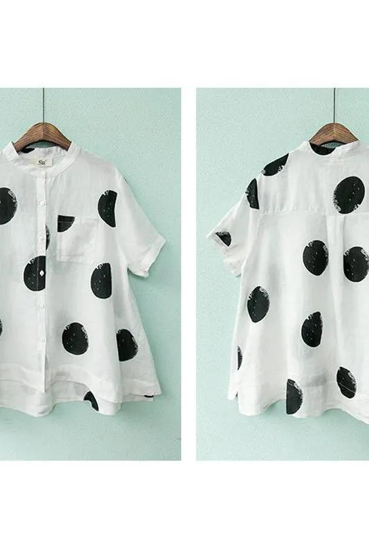 Limited Stock- Polka Dot Cotton Linen Stand Collar Shirt