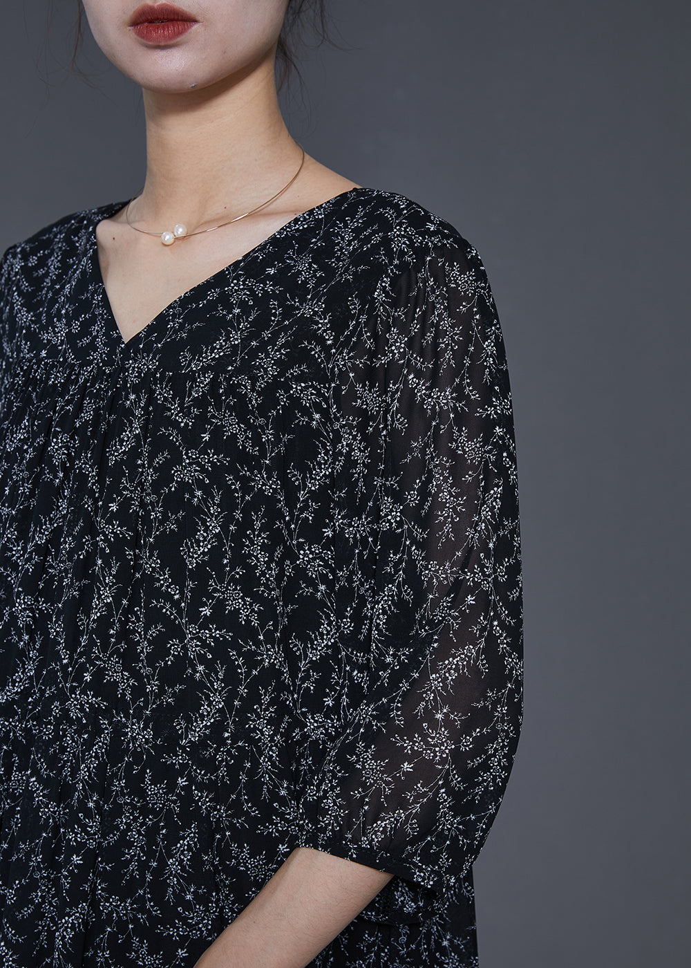 Black Oversized Print Chiffon Dress Half Sleeve