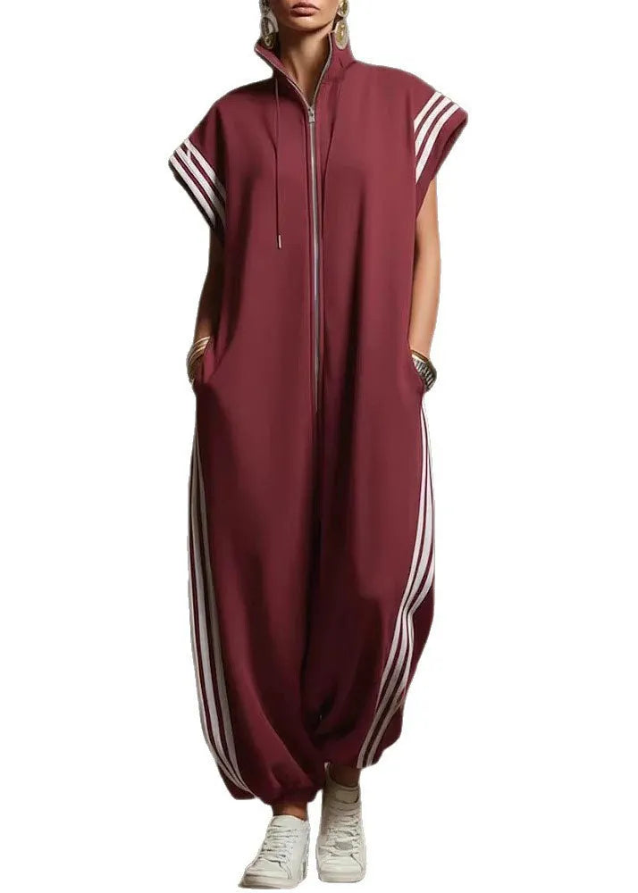 Yellow Stand Collar Zip Up Striped Cotton Jumpsuit Summer