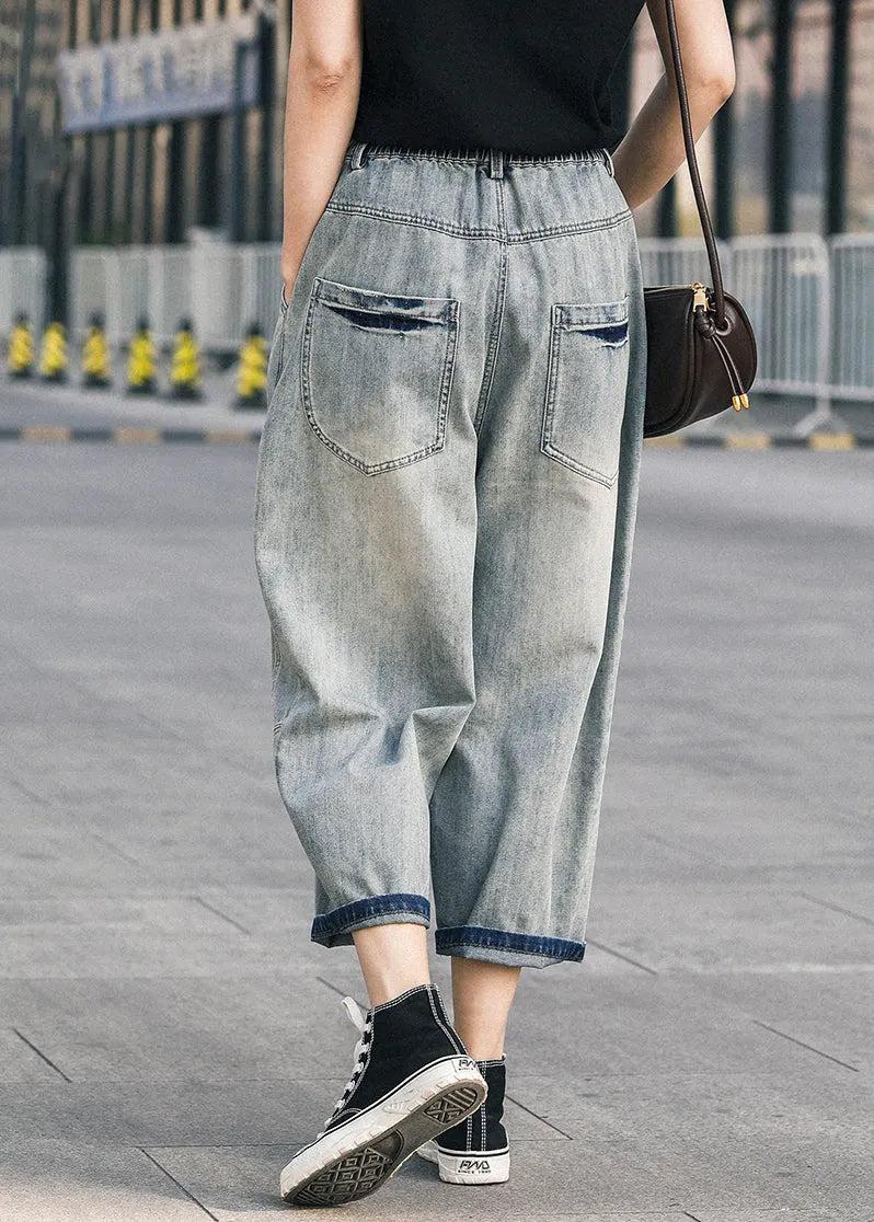 Blue Oversized Patchwork Applique Denim Ripped Pants Summer