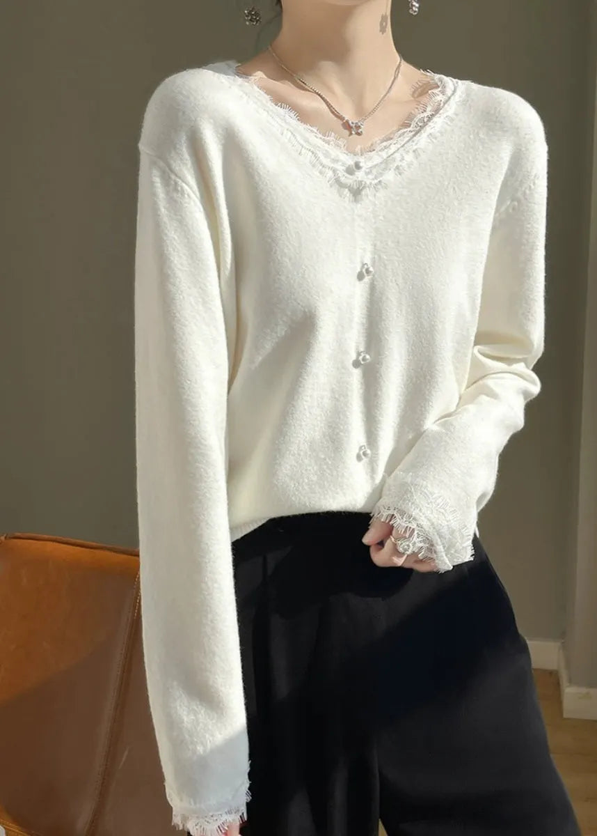 French White O-neck Lace Patchwork Cotton Knit Sweater Fall