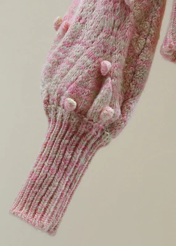 Pink Embroidered Hollow Out Cotton Knit Sweater Winter