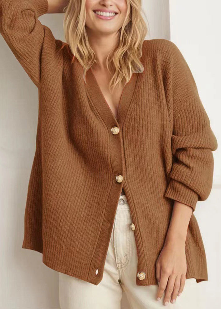Simple Khaki V Neck Button Loose Knit Cardigan Fall