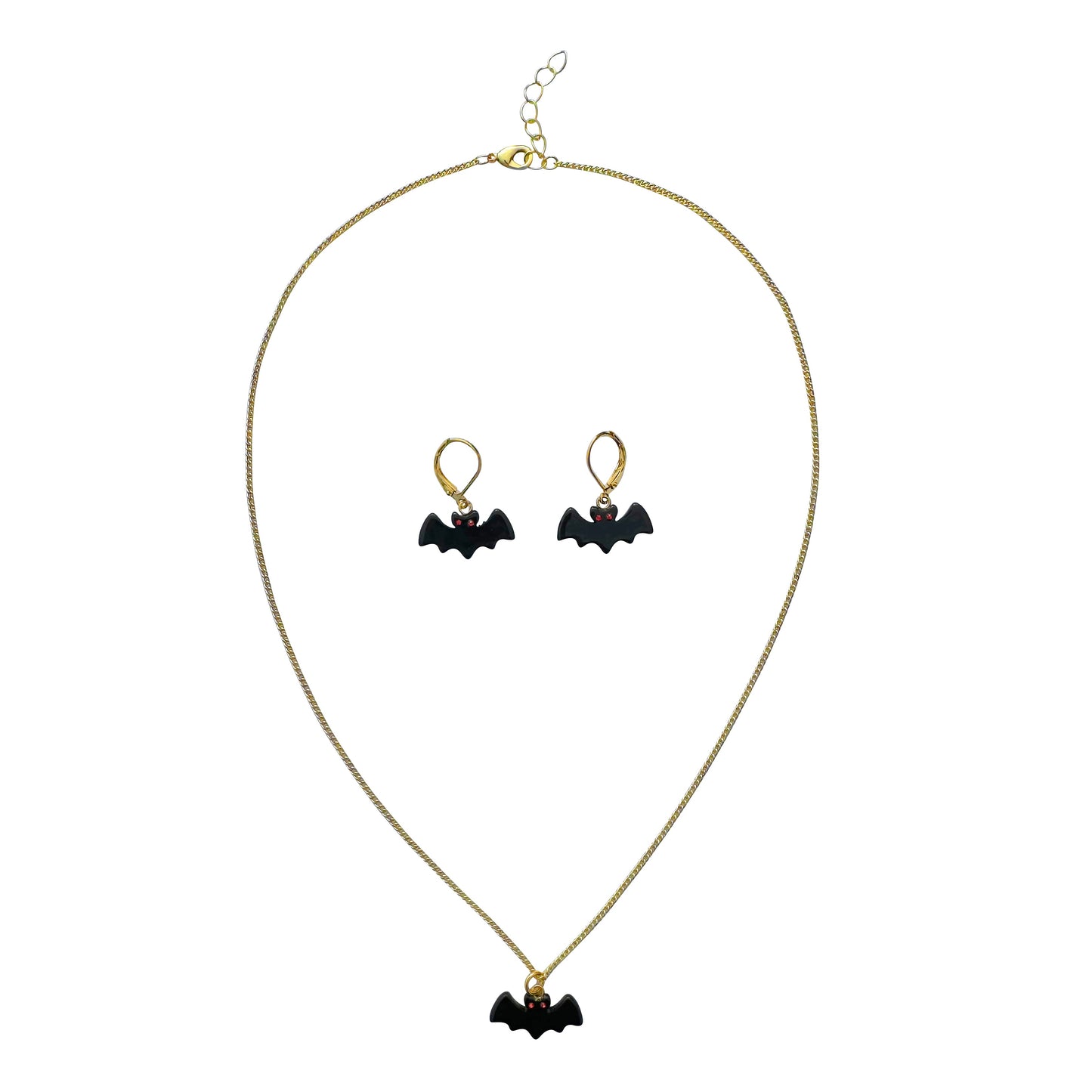 Black Bat Charm Red Crystal Eyes Matching Gold Necklace & Earring Set - 18"