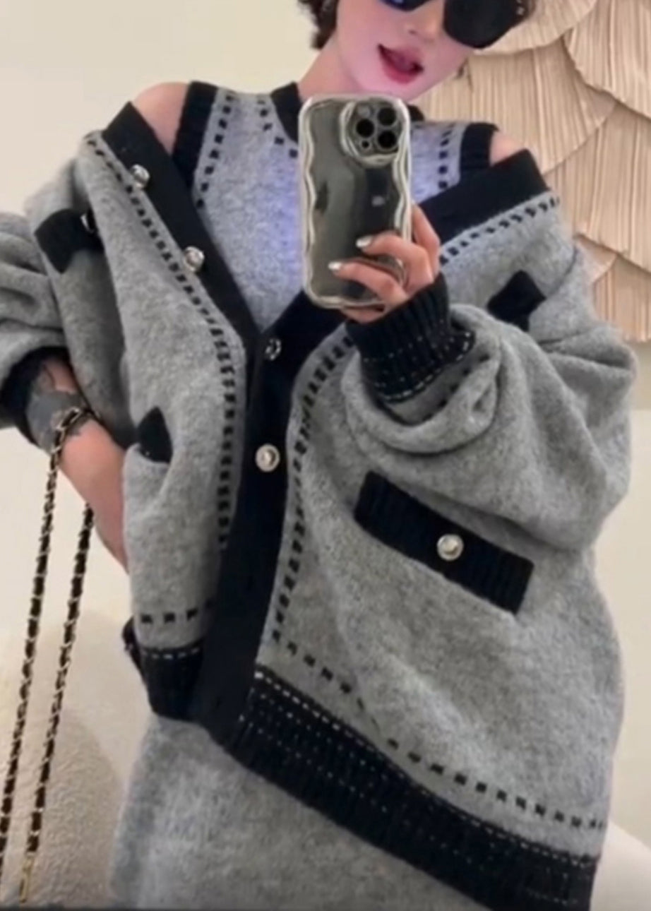 New Grey Button Cardigans and Dresses Knit Two Pieces Set Winter