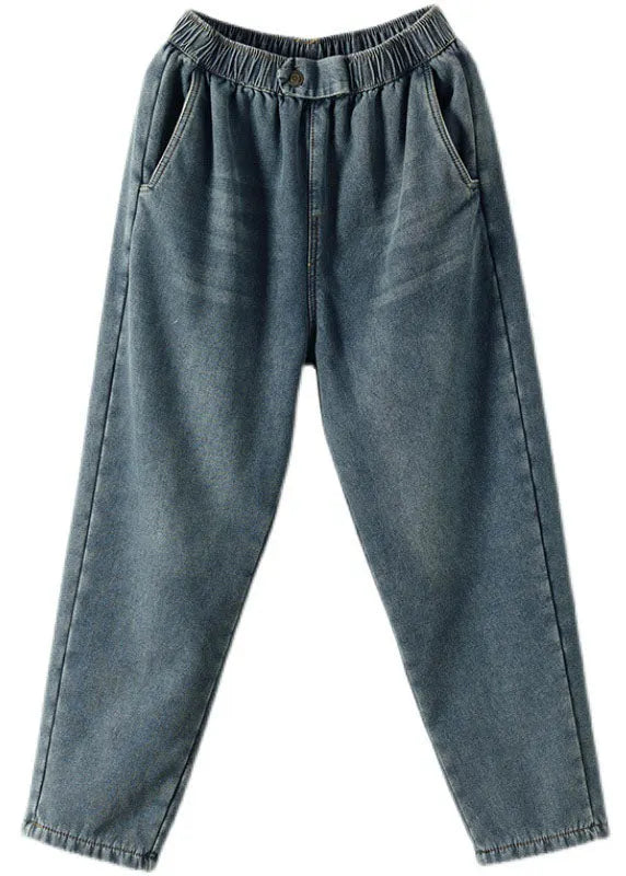 Denim Blue Elastic Waist Pockets Thick Warm Fleece Harem Pants Winter