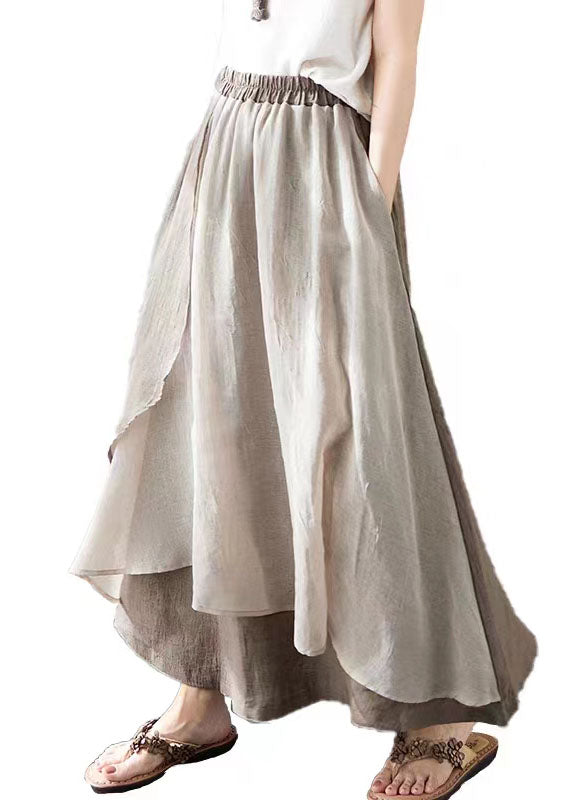 Khaki Pockets Asymmetrical Design Patchwork Linen Skirt