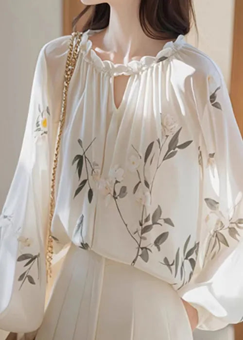 White Ruffled Print Chiffon Shirt Fall