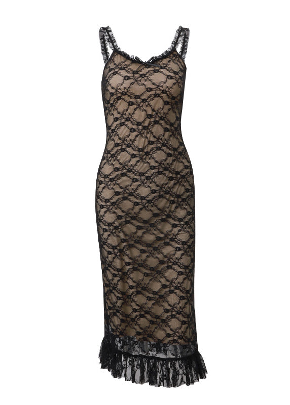 Black Tulle Patchwork Lace Spaghetti Strap Dress Summer