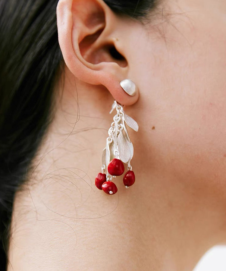 Red Sterling Silver Alloy Leaves Drop Earrings