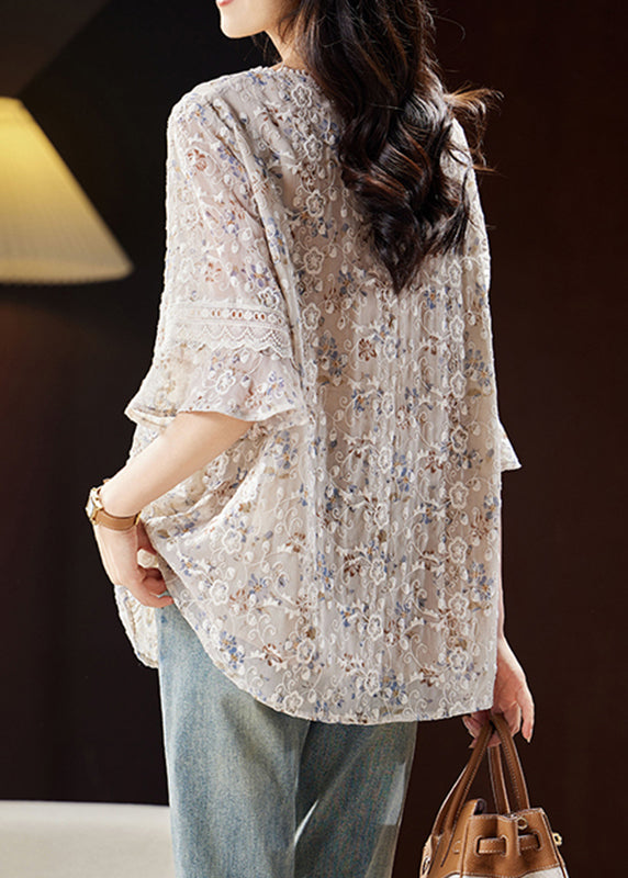 Light Coffee O-neck Embroidered Shirts Butterfly Sleeve