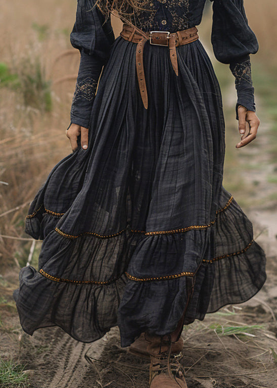 Black V Neck Print Wrinkled Cotton Long Dress Fall