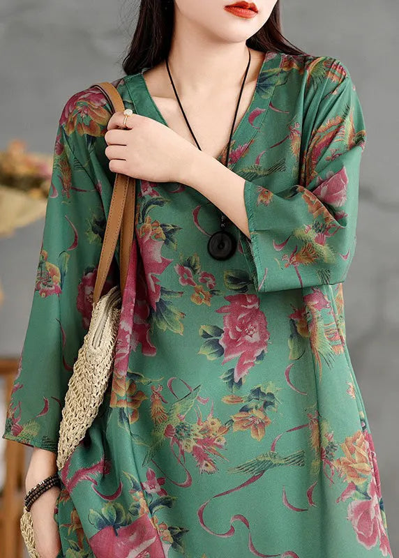 Green V Neck Print Cotton Mid Dress Summer