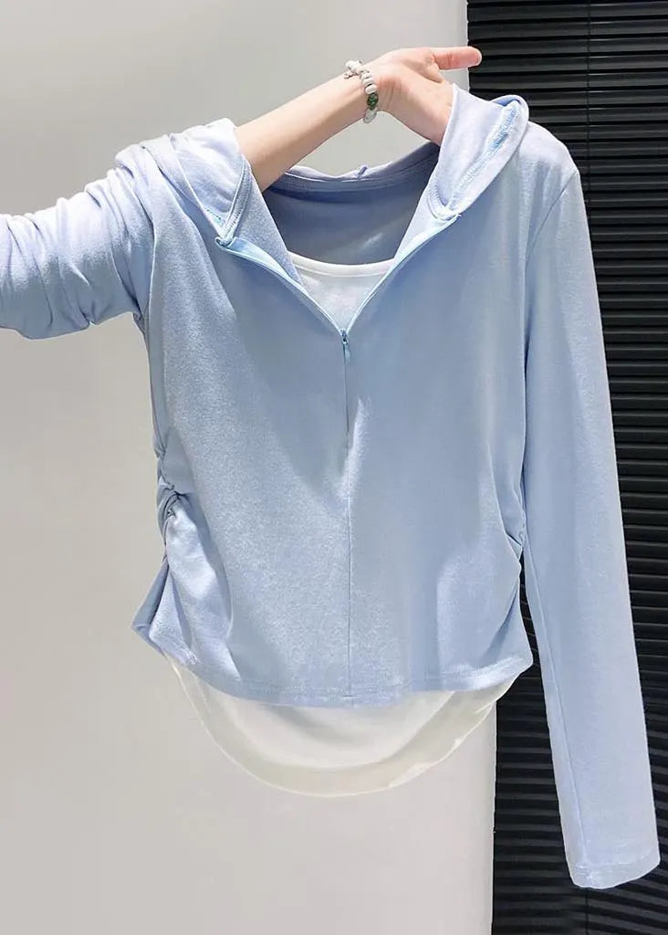 Style Sky Blue Hooded Patchwork Cotton Fake Two Piece Sweatshirt Fall