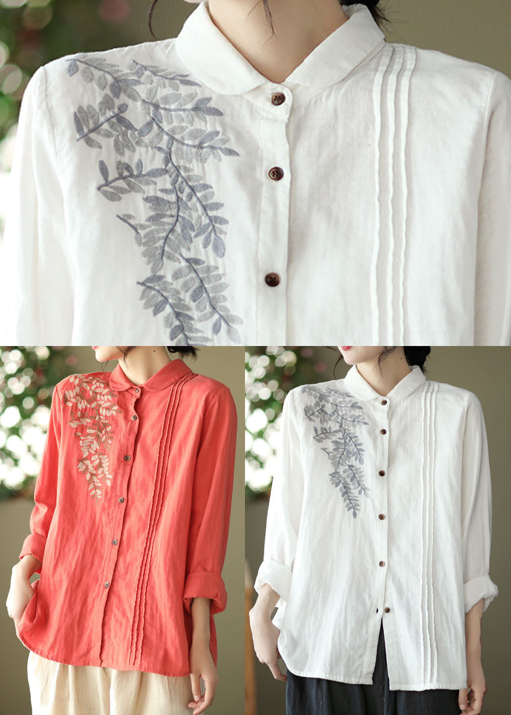 Red Slim Fit Cotton Shirt Top Embroidered Wrinkled Spring
