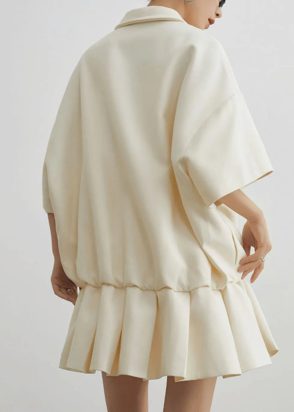 Beige Peter Pan Collar Wrinkled Patchwork Cotton Dress Summer