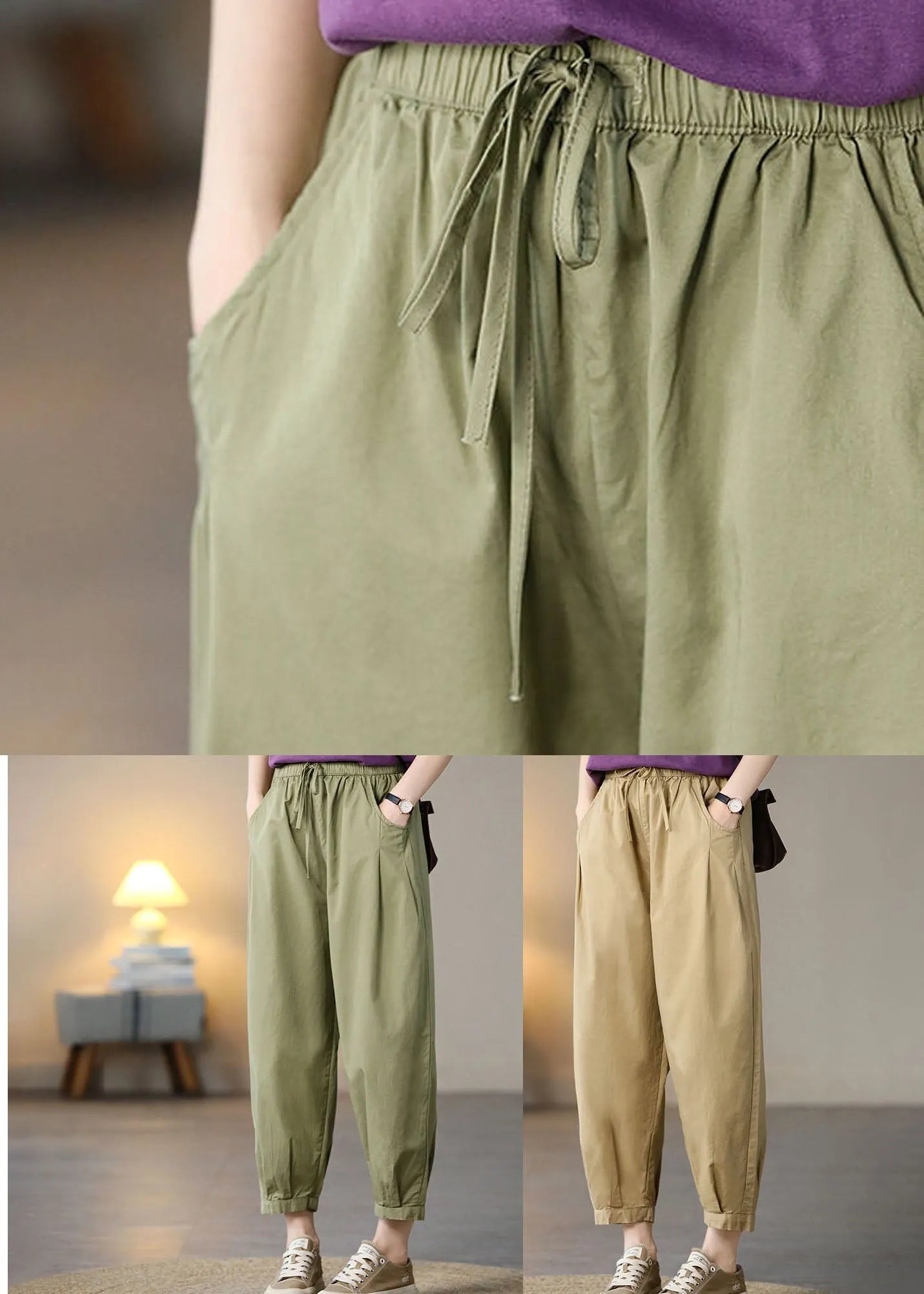 Khaki Pockets Cotton Crop Pants High Waist Spring