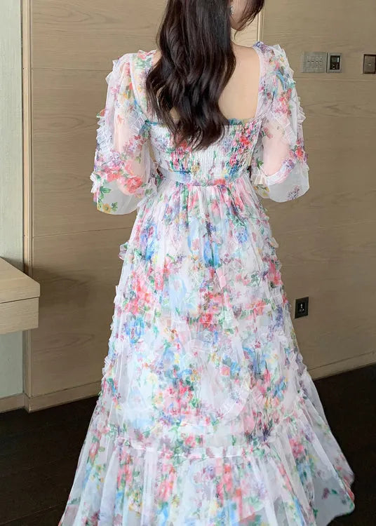 Pink Ruffled Patchwork Print Tulle Holiday Dress Summer