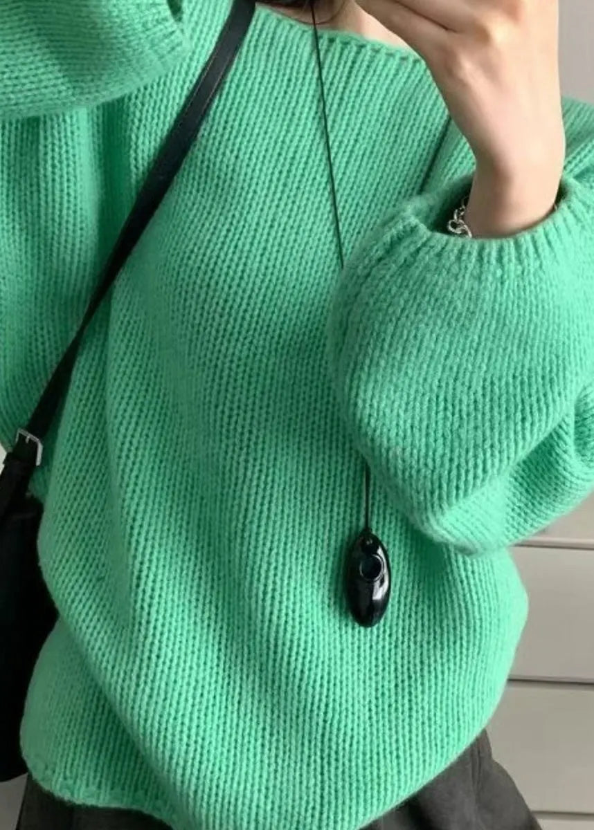 Simple Green O Neck Patchwork Knit Sweater Tops Lantern Sleeve