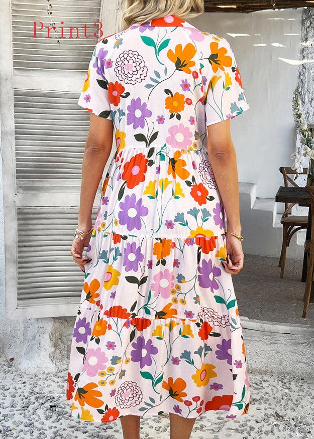 V Neck Print Patchwork Cotton Dresses Summer