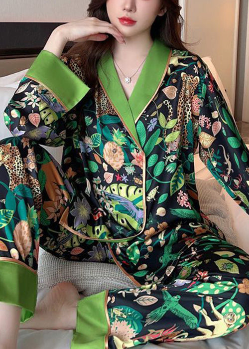 Green Peter Pan Collar Print Ice Silk Pajamas Two-piece Set Spring