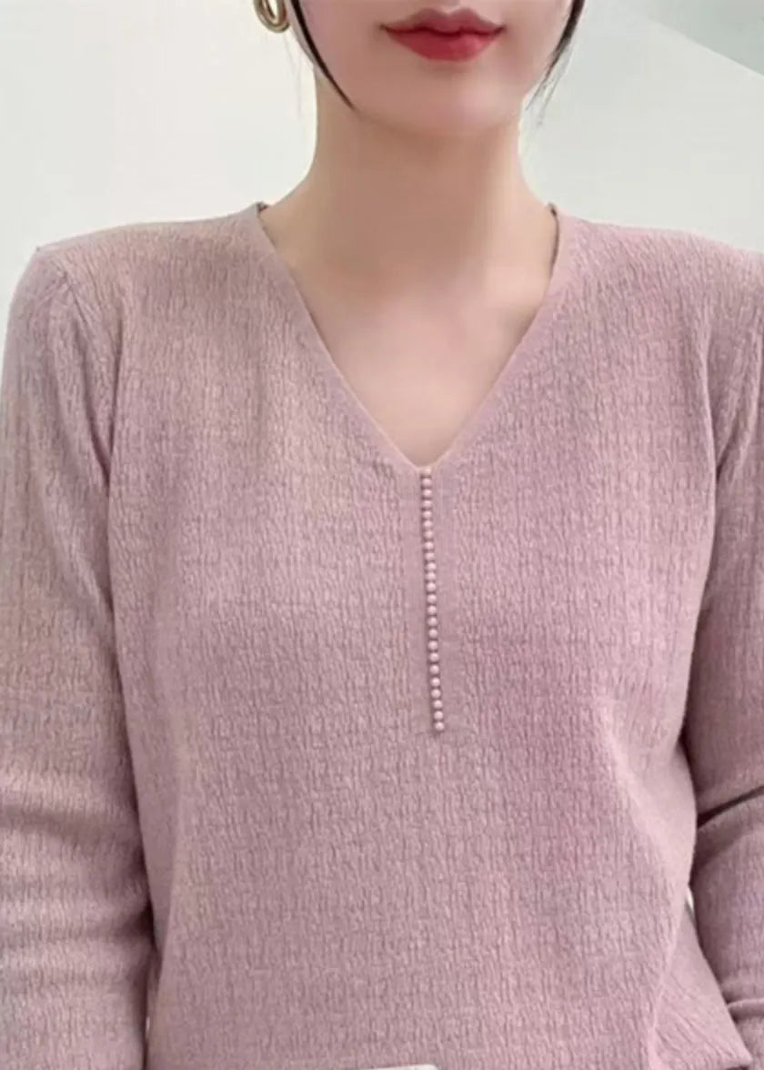 Pink V Neck Nail Bead Knit Sweater Fall