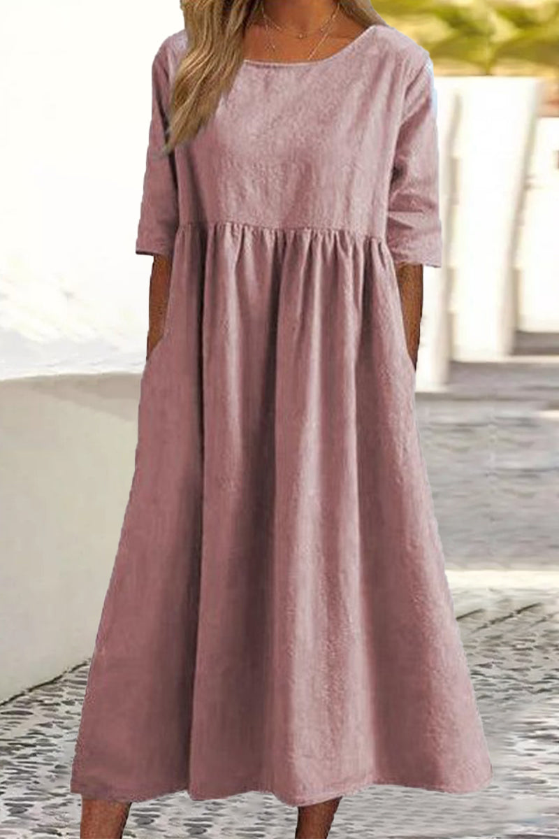 Half Sleeve Pleated Pocket Cotton Dress(9 Colors)