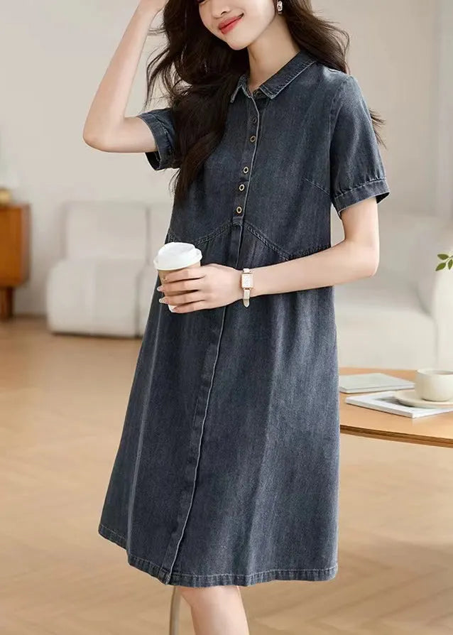 Navy Peter Pan Collar Denim Work Dress Summer