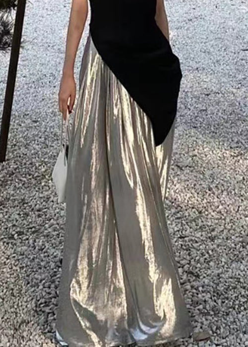 Black Asymmetrical Tops and Silver Pants Cotton Two Pieces Set Sleeveless