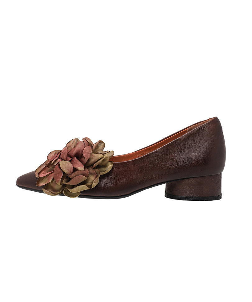 New Brown Flower Cowhide Leather Chunky Heel Shoes