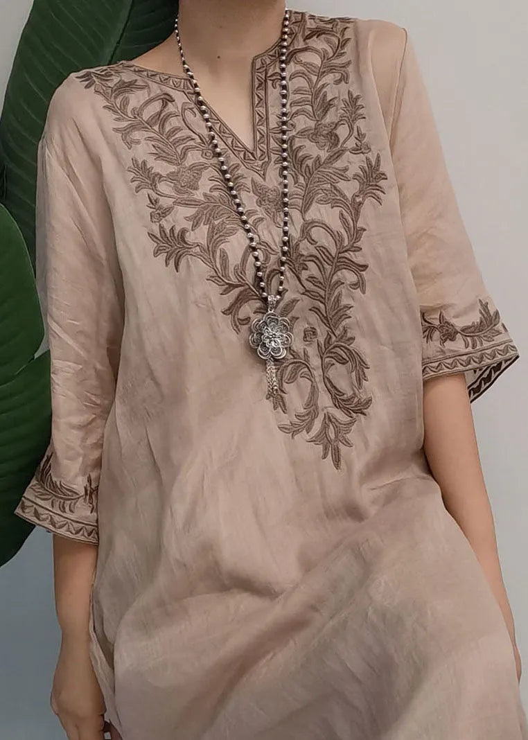 Classy Purple Embroidered Patchwork Linen Dress Two Pieces Set Summer
