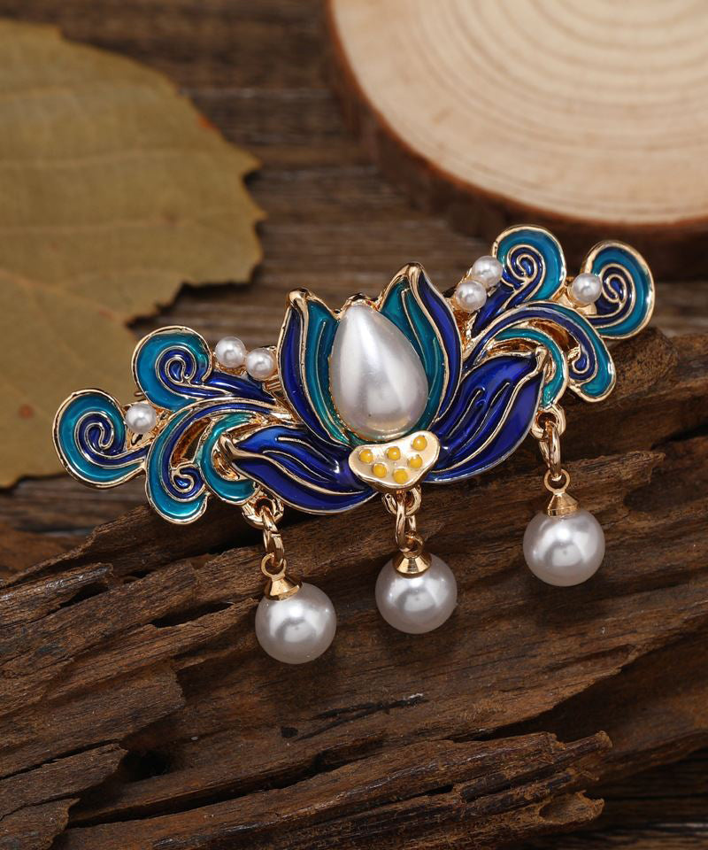 Retro Blue Alloy Pearl Cloisonne Tassel Hairpin