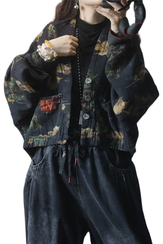 -new Doll Sleeve Linen Short Jacket Loose Print Cardigan