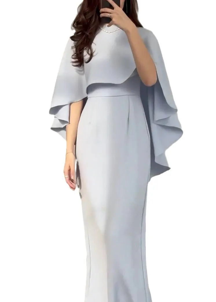Slim Fit Light Blue Silk Shawl Waist Cinched Dress