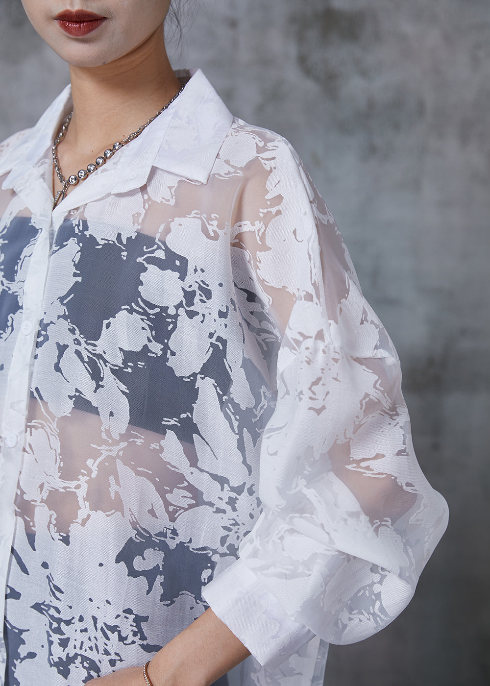 Stylish White Oversized Print Chiffon Upf 50+ Top Summer