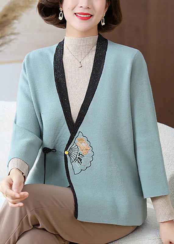 Fine Blue V Neck Print Knit Cardigans Fall