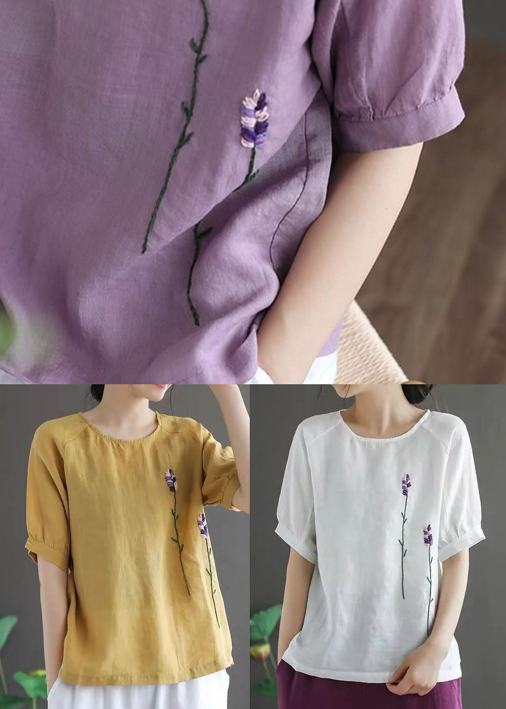 Organic White O-neck Embroidered Linen Tank Tops Short Sleeve
