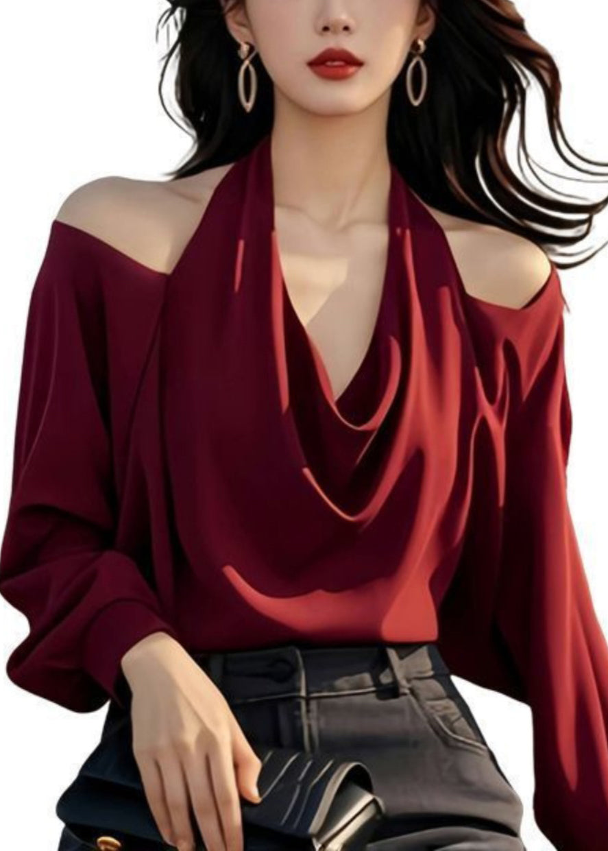 Stylish Wine Red Cold Shoulder Original Design Tops Spring