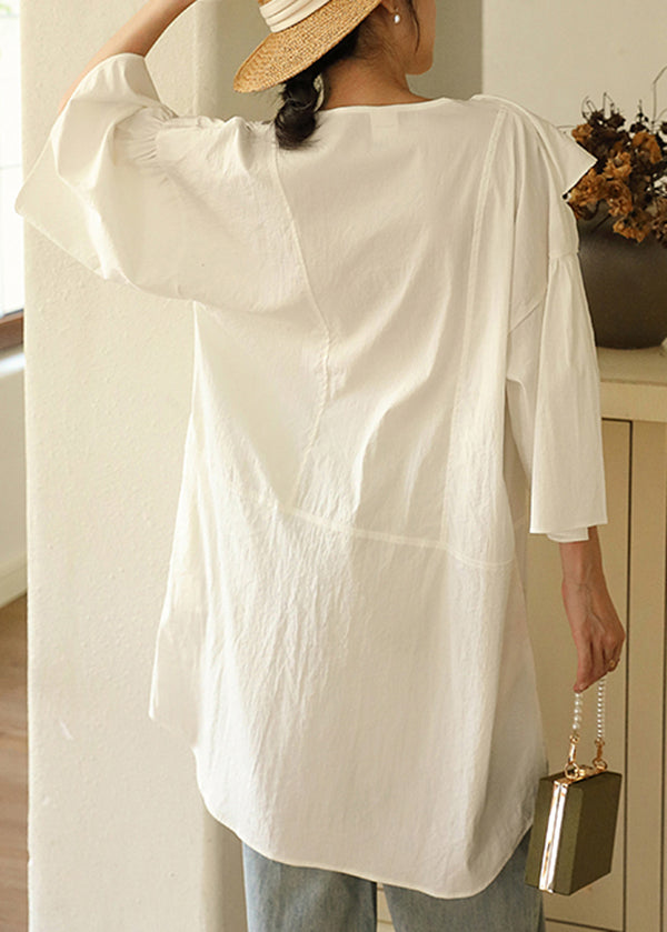White Ruffled Asymmetrical Cotton Mid Dresses Fall