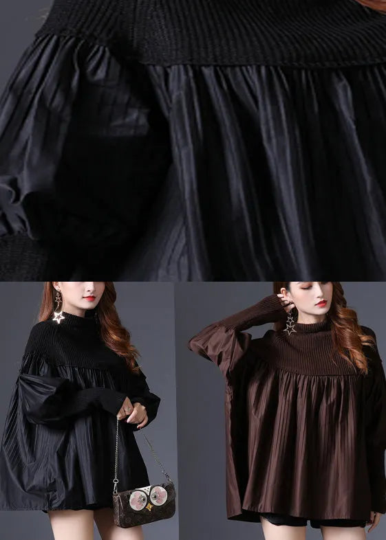 Black Turtleneck Knit Patchwork Cotton Sweater Long Sleeve