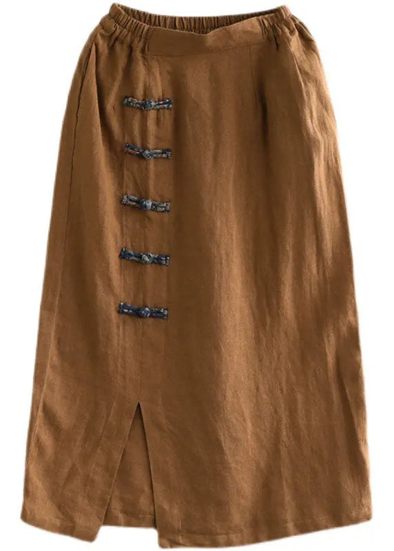 Brown Elastic Waist Side Open Linen Skirt Summer