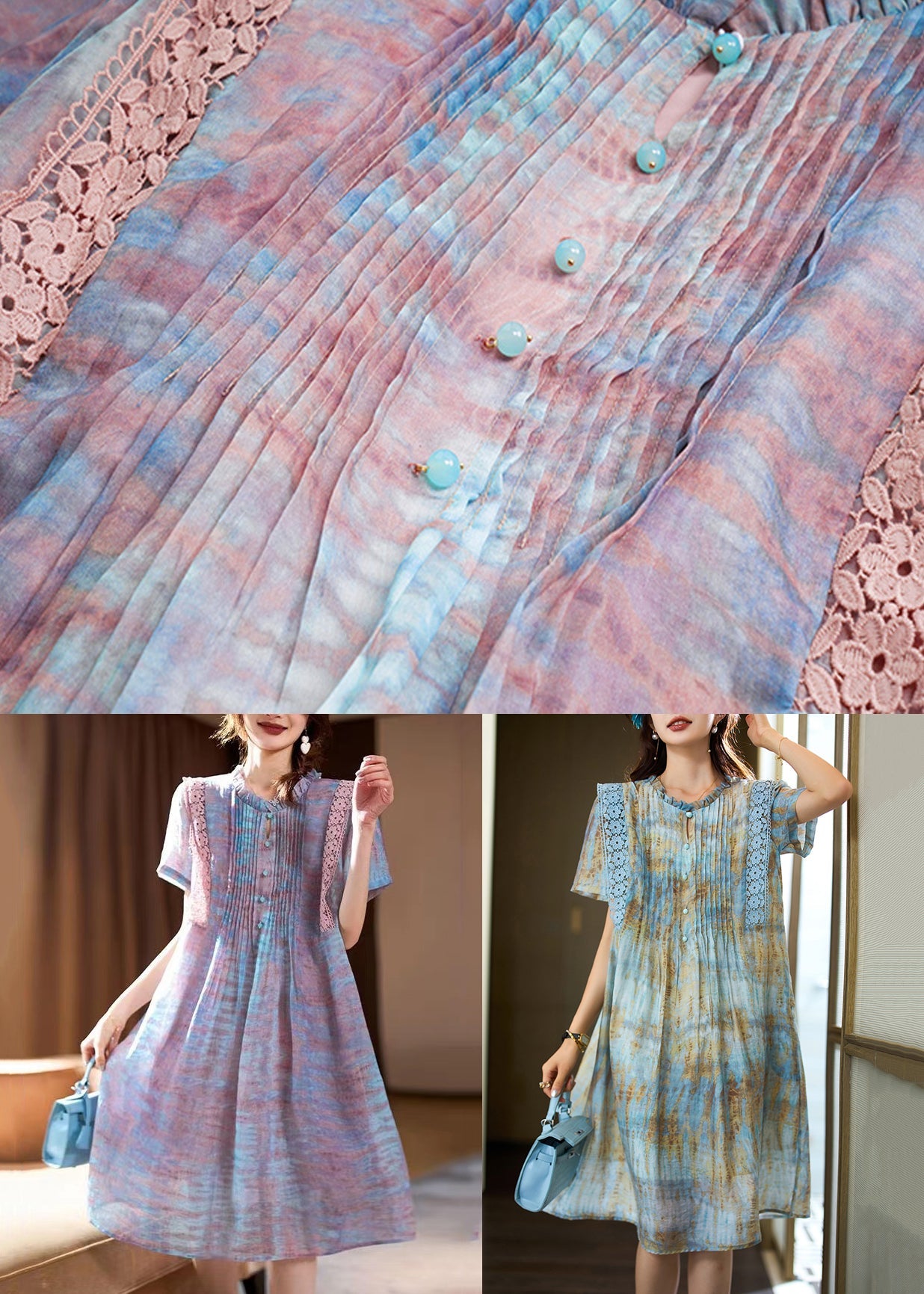 Pink Ruffled Print Chiffon Long Dress Short Sleeve