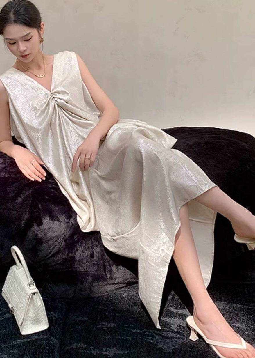 Silvery White V Neck Silk Maxi Dresses Sleeveless